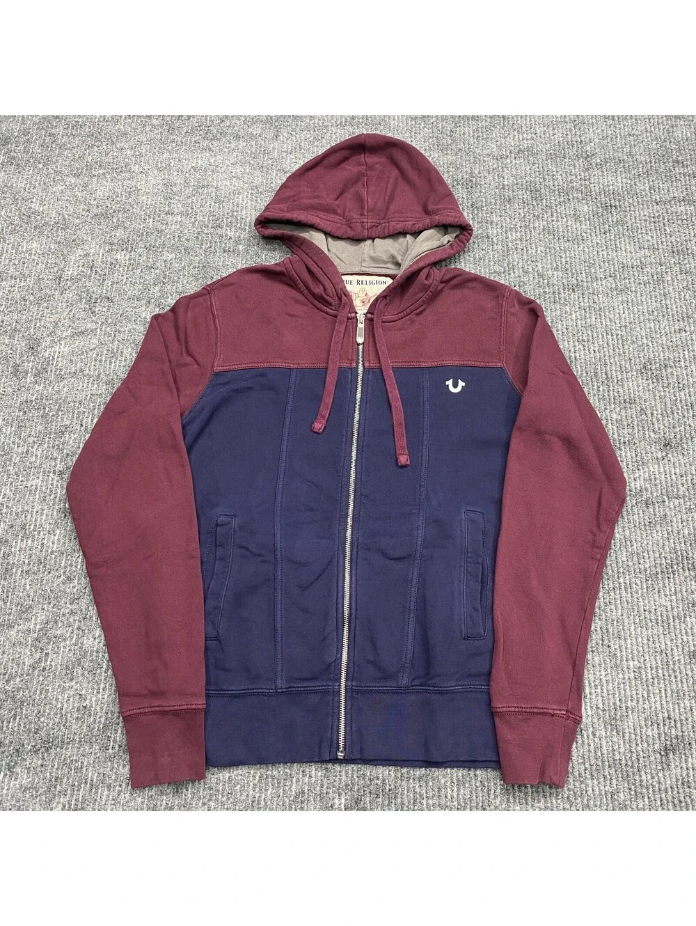 True Religion Full Zip Hoodie Mens S Blue Maroon Colorblock Drawstring Pockets